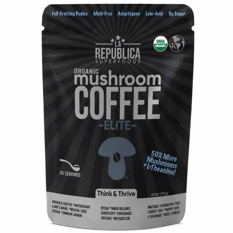 La Republica Decaf Elite Organic Instant Mushroom Coffee - 35 Servings 50% More Mushrooms + L-Theanine — Premium decaf mushroom coffee with 7 dual-extracted, full-fruiting-body mushrooms