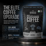 La Republica Decaf Elite Organic Instant Mushroom Coffee - 35 Servings 50% More Mushrooms + L-Theanine — Premium decaf mushroom coffee with 7 dual-extracted, full-fruiting-body mushrooms