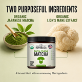 La Republica Lion's Mane Organic Mushroom Matcha Powder - 60 Servings Full Fruiting-Body Lion’s Mane — Dual-extracted Lion’s Mane from full fruiting bodies with no fillers.