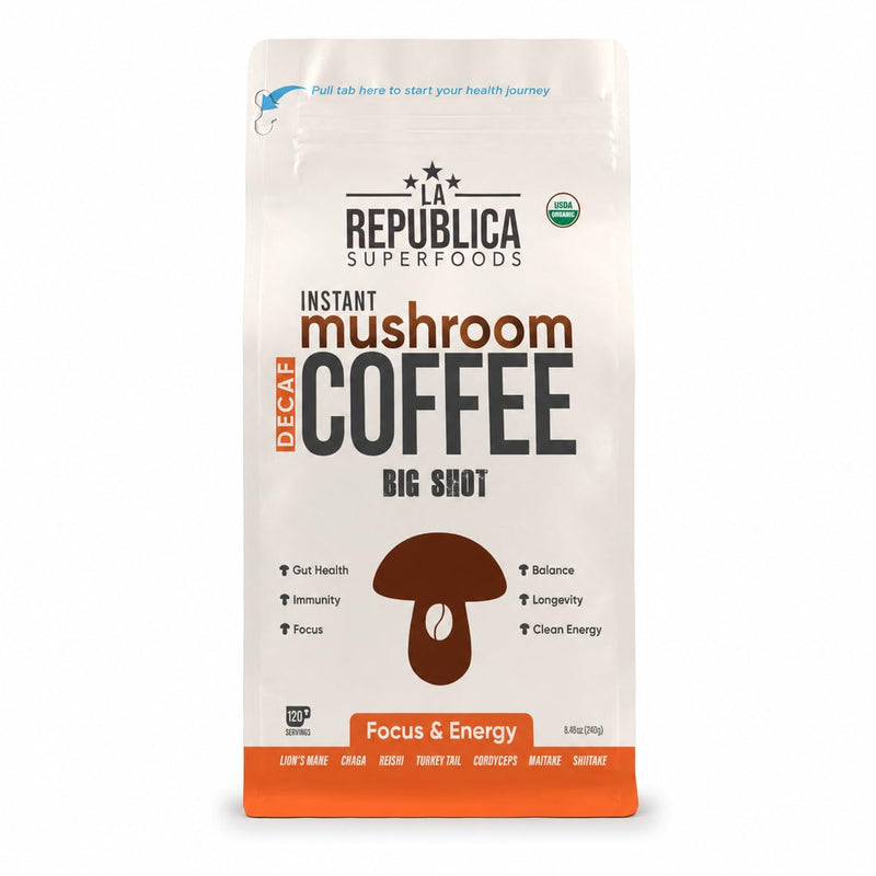 La Republica Big Shot Organic Decaf Mushroom Coffee - 120 Servings - 7 Mushroom Decaf Blend — Organic decaf coffee combined with Lion’s Mane, Chaga, Reishi, Cordyceps and more