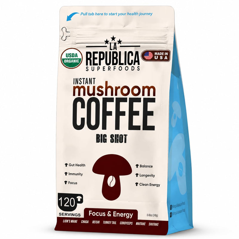 La Republica Big Shot Instant Organic Mushroom Coffee, 120 Servings - 7 Mushroom Superfood Blend — Organic Arabica instant coffee with Lion’s Mane, Reishi, Chaga, Cordyceps and more
