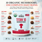 La Republica Titan10 Organic Mushroom Powder 3oz for Focus, Immunity, Energy, Gut Health, and Skin (85 Servings)