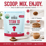 La Republica Titan10 Organic Mushroom Powder 3oz for Focus, Immunity, Energy, Gut Health, and Skin (85 Servings)