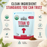 La Republica Titan10 Organic Mushroom Powder 3oz for Focus, Immunity, Energy, Gut Health, and Skin (85 Servings)