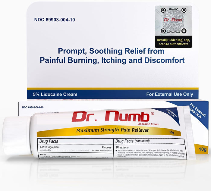 Dr. Numb 5% Lidocaine Numbing Cream, Maximum Strength Topical Anesthetic for Hemorrhoid, Local and Anorectal Uses - Fast-Acting Pain Relief Numb Cream - 10 g