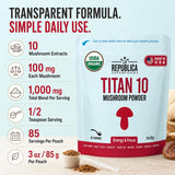 La Republica Titan10 Organic Mushroom Powder 3oz for Focus, Immunity, Energy, Gut Health, and Skin (85 Servings)