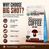 La Republica Big Shot Instant Organic Mushroom Coffee, 120 Servings - 7 Mushroom Superfood Blend — Organic Arabica instant coffee with Lion’s Mane, Reishi, Chaga, Cordyceps and more