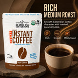 La Republica Organic Decaf Instant Coffee, Colombian Roast - 35 Servings Colombian Arabica Decaf — Rich medium roast instant coffee with smooth toasted caramel notes and a satisfying finish