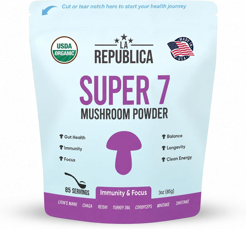 La Republica USDA Organic Super 7 Mushroom Powder - 7 Mushroom Extract Blend — Reishi, Chaga, Lion’s Mane, Turkey Tail, Shiitake, Cordyceps & Maitake in one powder