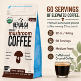 La Republica Organic Ground Mushroom Coffee, Medium Roast - 60 Servings 7 Mushroom Superfood Blend — Organic Arabica coffee blended with Lion’s Mane, Chaga, Reishi, Cordyceps & more.