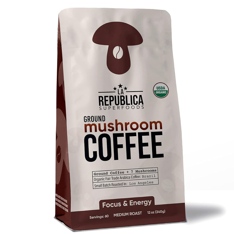 La Republica Ground Mushroom Coffee, Organic & Fair Trade Arabica with 7 Superfood Shrooms Full Fruiting Bodies, Lion's Mane, Reishi, Chaga, Cordyceps, Turkey Tail, (Medium Roast, 60 Servings)