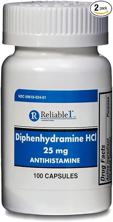 Diphenhydramine 25 mg Generic Allergy Medicine and Antihistamine 100 Capsules per Bottle Pack of 2