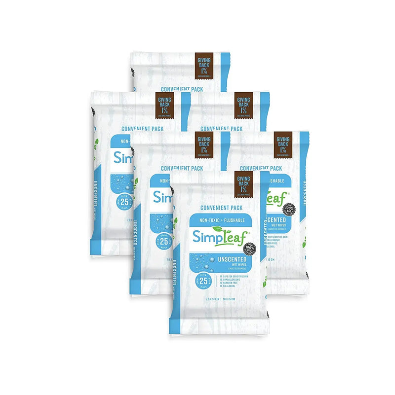 Simpleaf Flushable Wet Wipes - Flushable Wipes For Adults - Eco-Friendly, Paraben & Alcohol Free - Hypoallergenic & Safe for Sensitive Skin - Unscented Soothing Aloe Vera Formula (25 Count) 6 Pack
