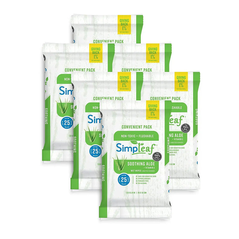 Simpleaf Flushable Wet Wipes | Eco- Friendly, Paraben & Alcohol Free | Hypoallergenic & Safe for Sensitive Skin | Soothing Aloe Vera & Vitamin E Formula | (25-Count) 6 Pack